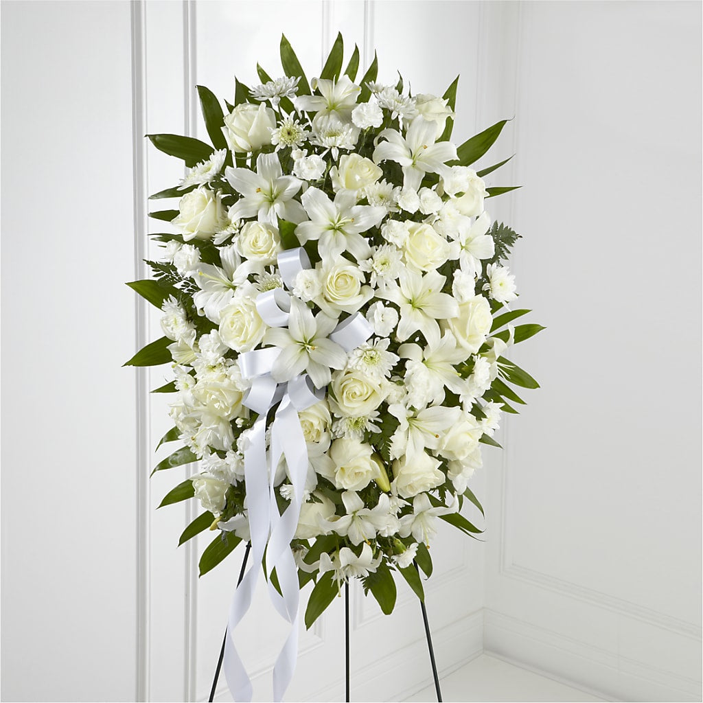 Exquisite Tribute Standing Spray-White Ribbon – VERN'S SHARONVILLE FLORIST, Cincinnati OH