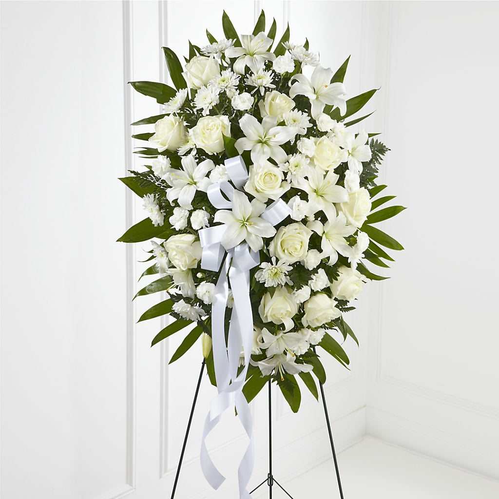 Exquisite Tribute Standing Spray-White Ribbon – VERN'S SHARONVILLE FLORIST, Cincinnati OH